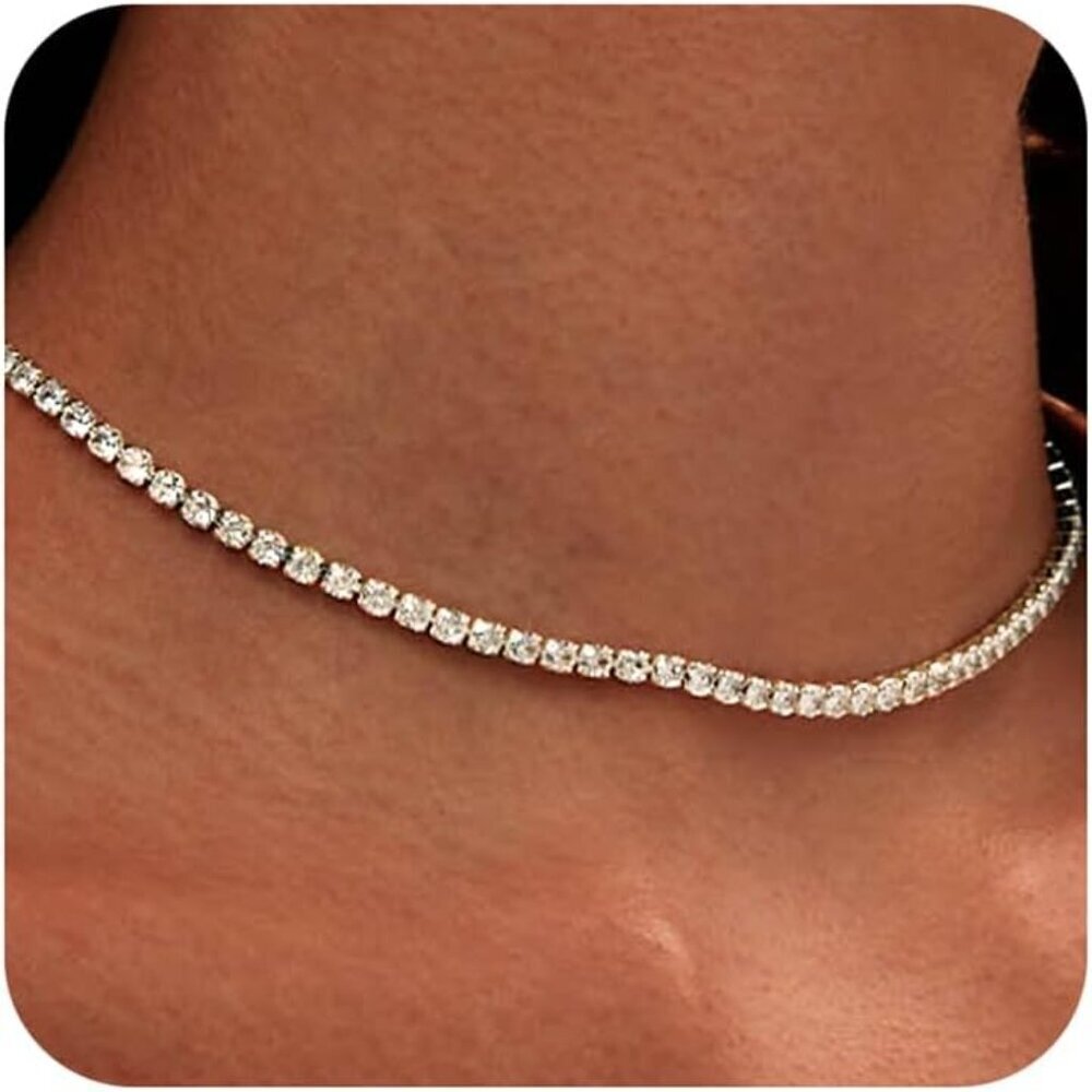 Rhinestone Tennis Necklace Silver Choker for Women